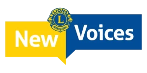 a yellow box with the word New sits to the left and a blue box with the word Voices sits to the right with a Lions Club logo above them, centered