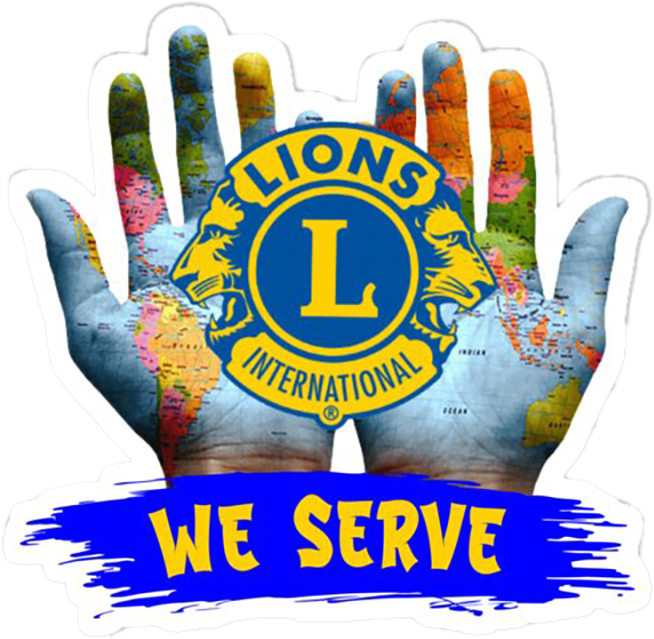Two open hands with palms facing up covered in paint to look like a map of Earth with the Lions Club logos centered above and the text "We Serve" below